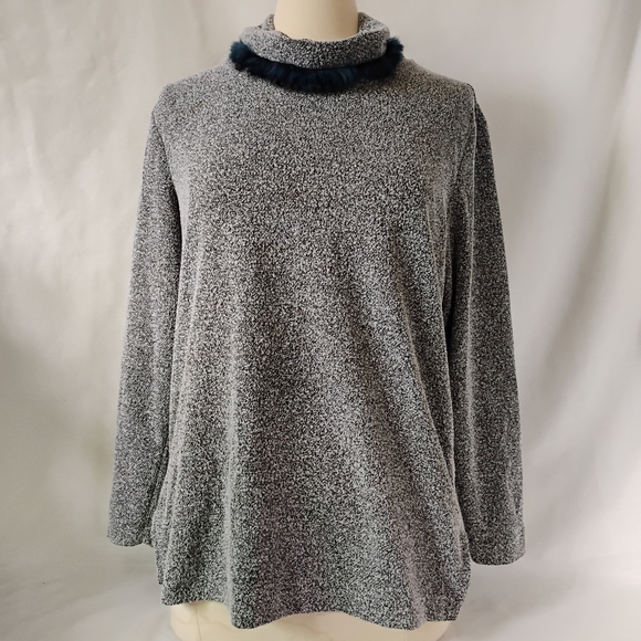 Women's Vintage Black & White Marled Knit Sweater with Blue Fur Cowl Neck Winter - Picture 1 of 16